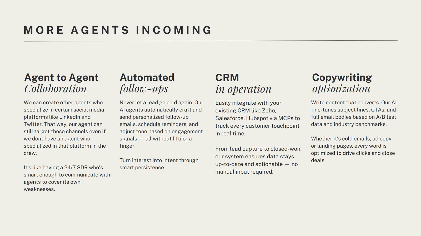 More agents incoming: agent collaboration, follow-ups, CRM, copywriting