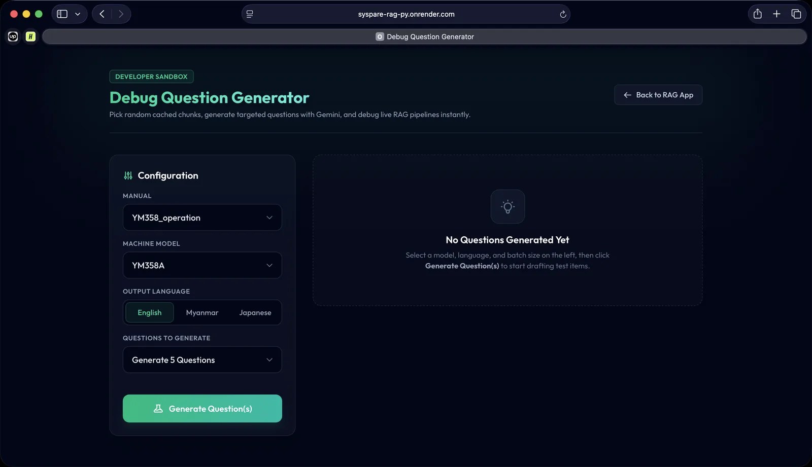 Debug question generator for testing the pipeline